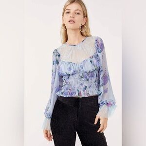Free People NWT $128 Daphne Blouse Silver Blue Lace Floral Top Size Small